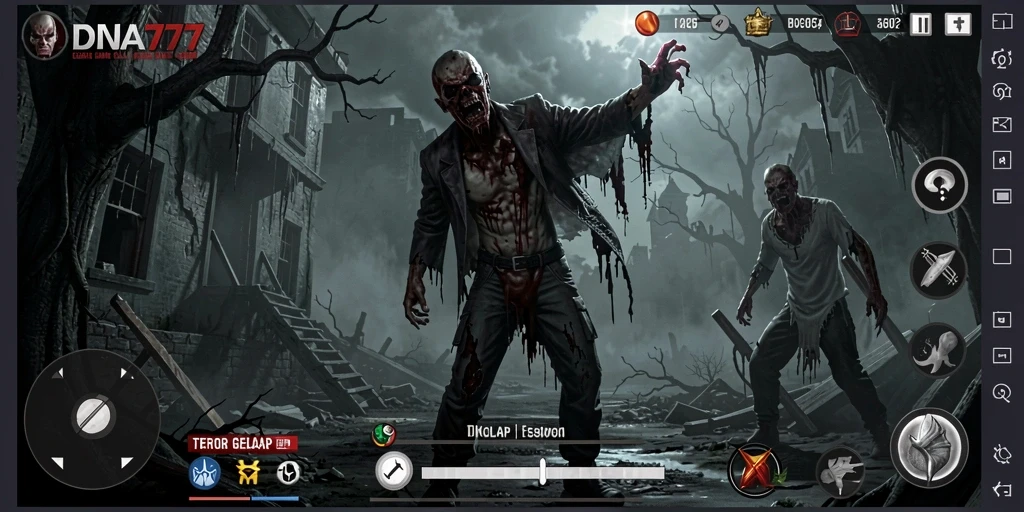 Screenshot gameplay DNA777 menampilkan adegan menegangkan di lingkungan mencekam.