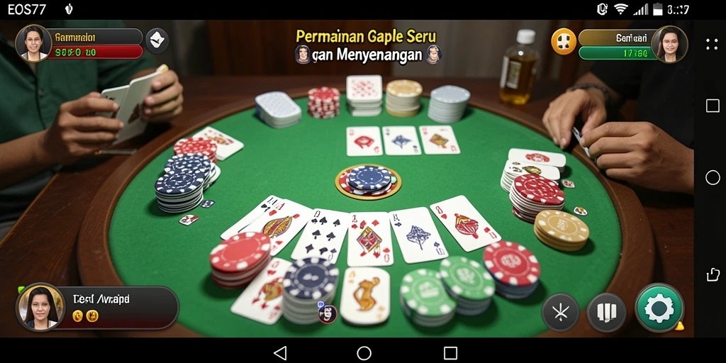 Tampilan gameplay seru dari EOS77 yang menghadirkan permainan Gaple yang mendebarkan.