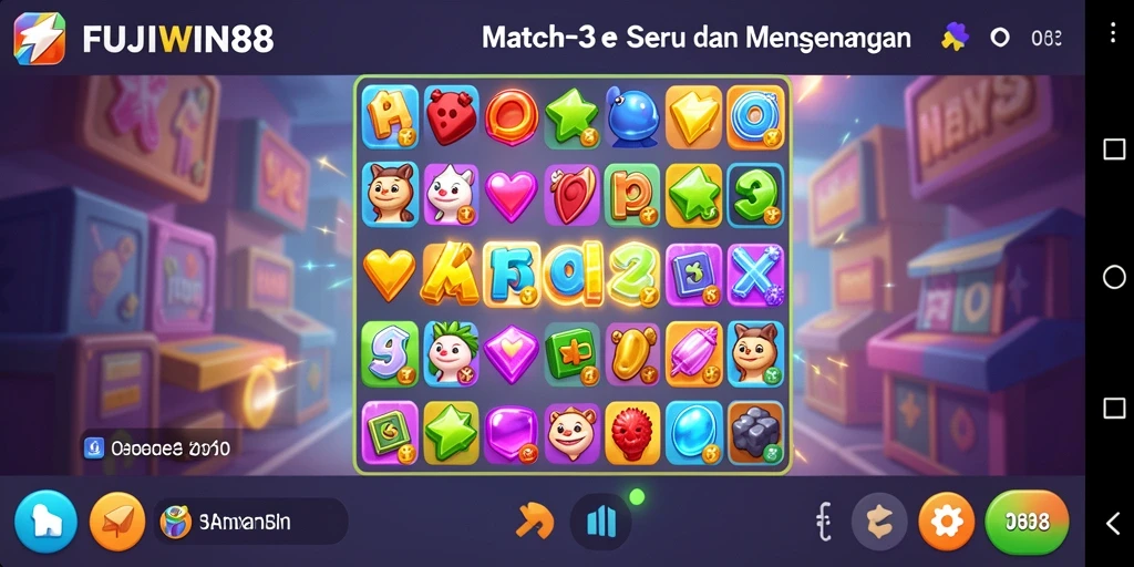 Tampilan screenshot utama FUJIWIN88 menampilkan gameplay Match-3 yang menarik dan penuh warna.