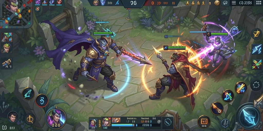 Screenshot GG288 menampilkan aksi pertarungan tim yang intens dalam game MOBA.
