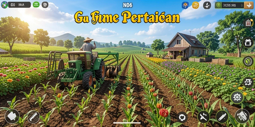Screenshot gameplay N06 yang menunjukkan ladang pertanian yang luas dan aktivitas bertani.