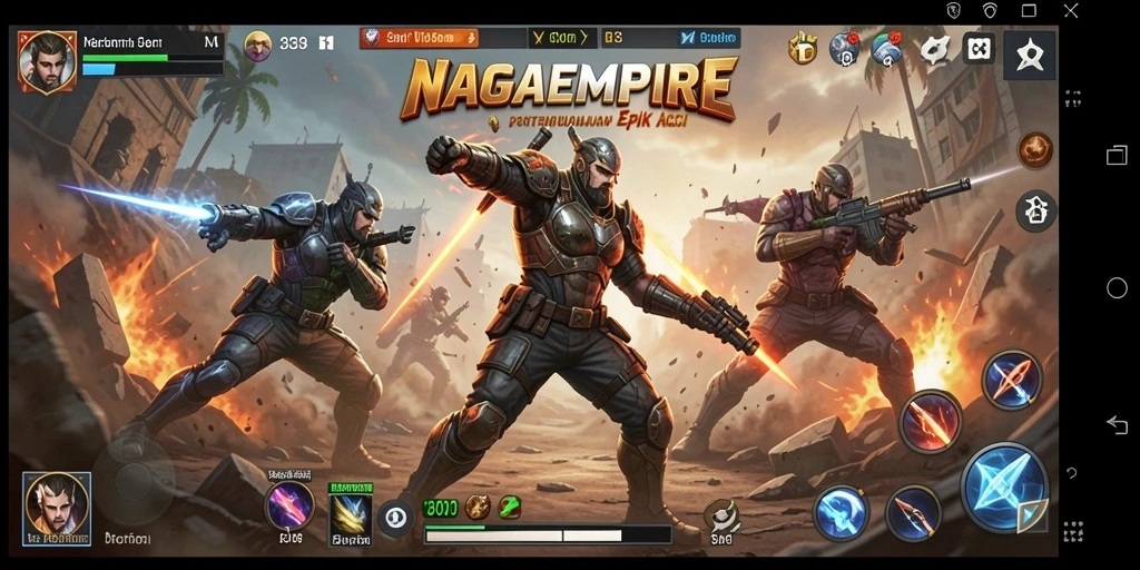 Tangkapan layar dari NAGAEMPIRE menampilkan pertempuran mendebarkan di dunia fantasi.