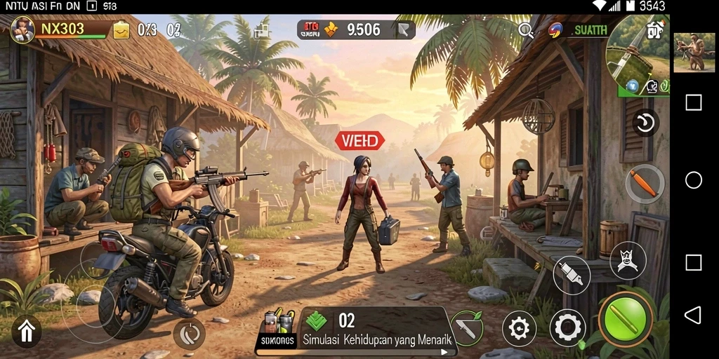 Screenshot utama NX303 menampilkan gameplay simulasi yang hidup.