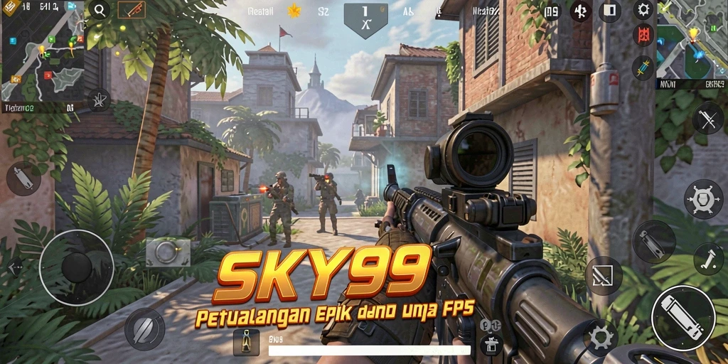 Tampilan gameplay mendebarkan dari SKY99 dengan pertarungan FPS yang intens.