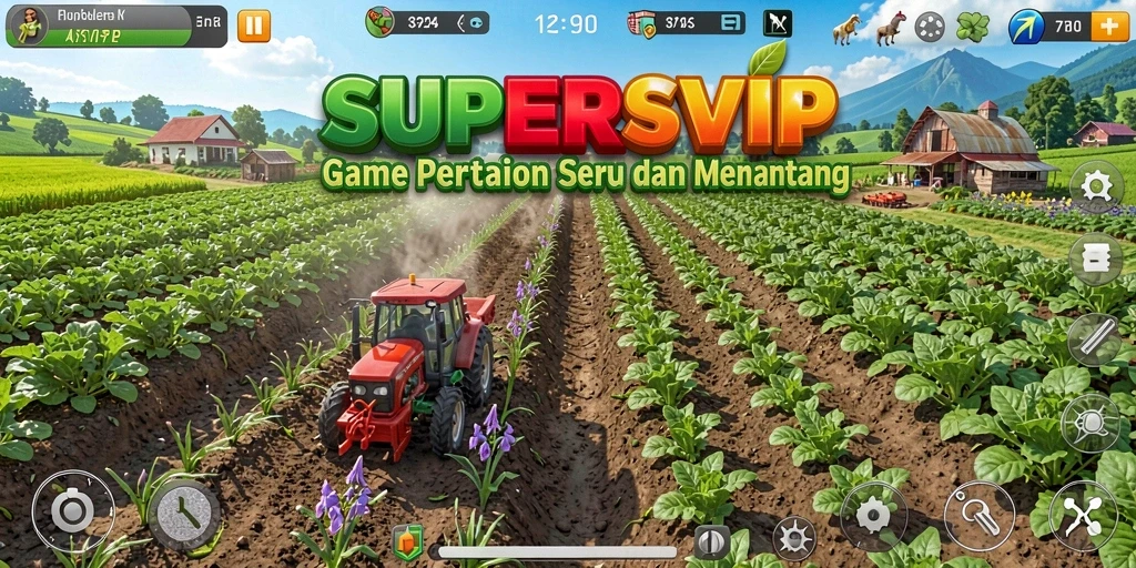 Screenshot gameplay SUPERSVIP menampilkan kebun yang rimbun dan hewan yang bahagia.