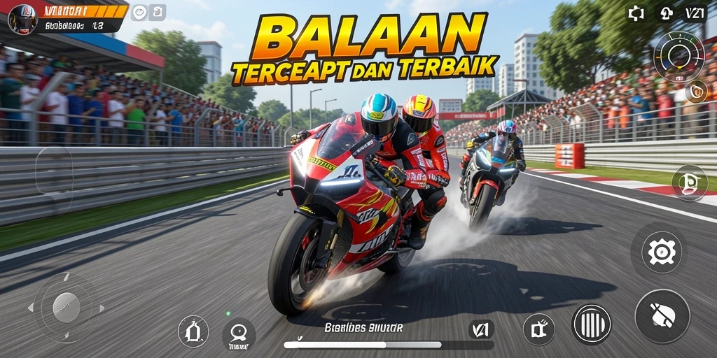 Screenshot gameplay V21 menampilkan balapan motor yang mendebarkan.
